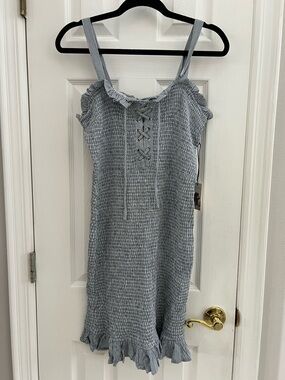 Blue Smocked Lace-Up Sundress